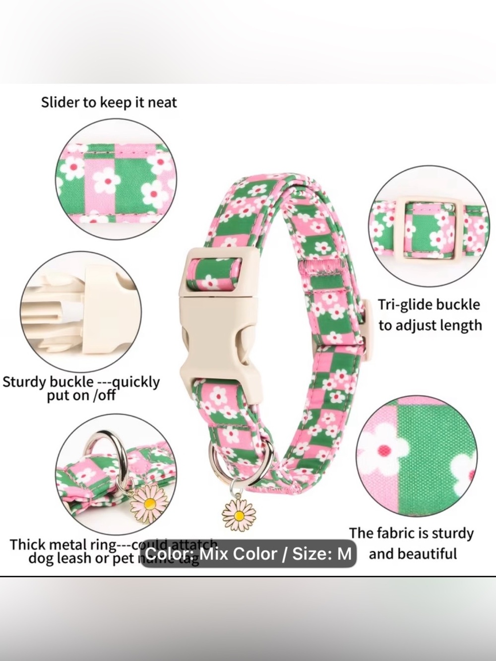 Pink & Green Floral Dog Collar. Size Medium. Adjustable, soft, lightweight. - Picture 3 of 6